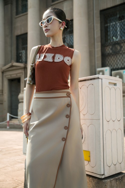 Sixdo Brownish-beige Woven Pencil Skirt